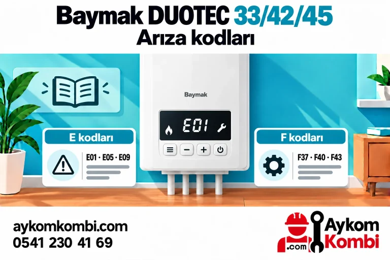 DUOTEC 33/42/45 E ve F kodlarını anlatan temsili kombi paneli; gerçek cihaz veya onarım şeması değildir.