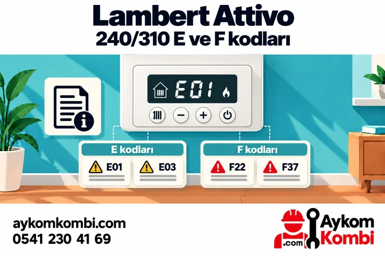 Lambert Attivo 240/310 E ve F kodlarını anlatan temsili panel; gerçek ürün fotoğrafı veya onarım şeması değildir.