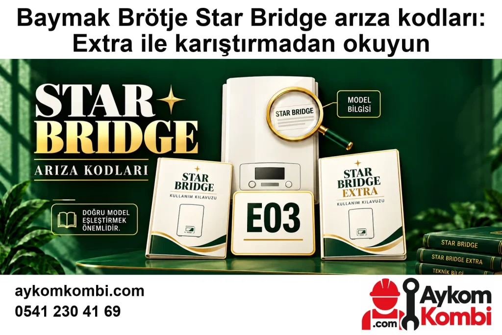 Baymak Brötje Star Bridge arıza kodları: Extra ile karıştırmadan okuyun için özgün Aykom logosu ve iletişim bilgileri bulunan temsili editoryal kapak; gerçek servis fotoğrafı değildir.