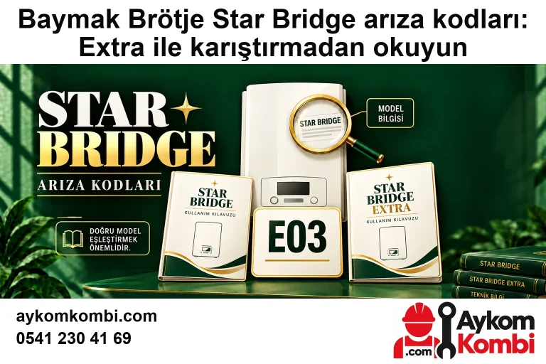 Baymak Brötje Star Bridge arıza kodları: Extra ile karıştırmadan okuyun için özgün Aykom logosu ve iletişim bilgileri bulunan temsili editoryal kapak; gerçek servis fotoğrafı değildir.