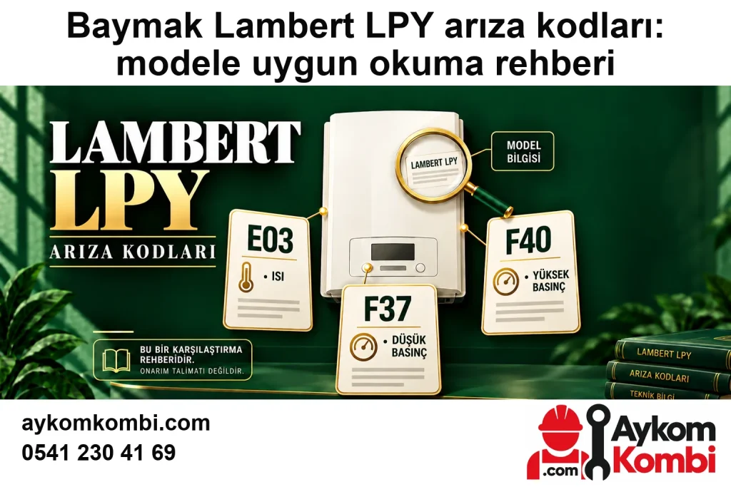 Baymak Lambert LPY arıza kodları: modele uygun okuma rehberi için özgün Aykom logosu ve iletişim bilgileri bulunan temsili editoryal kapak; gerçek servis fotoğrafı değildir.