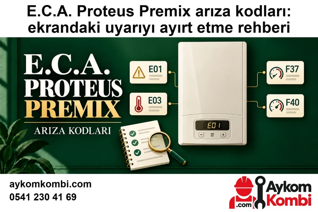 E.C.A. Proteus Premix arıza kodları: ekrandaki uyarıyı ayırt etme rehberi için özgün Aykom logosu ve iletişim bilgileri bulunan temsili editoryal kapak; gerçek servis fotoğrafı değildir.