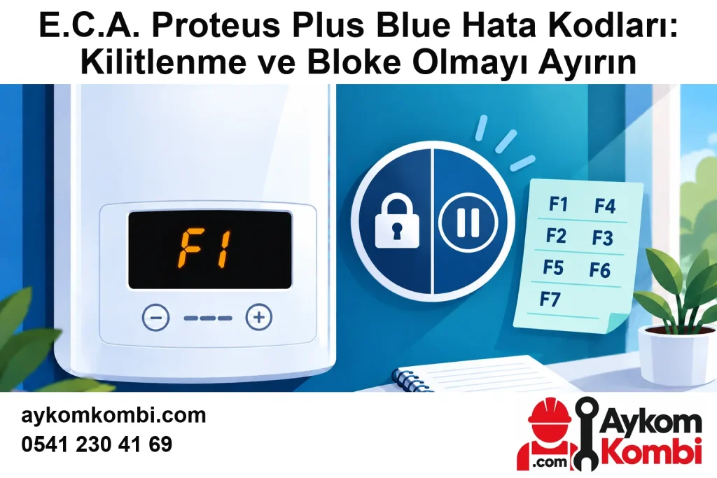 E.C.A. Proteus Plus Blue Hata Kodları: Kilitlenme ve Bloke Olmayı Ayırın için özgün Aykom logosu ve iletişim bilgileri bulunan temsili editoryal kapak; gerçek servis fotoğrafı değildir.