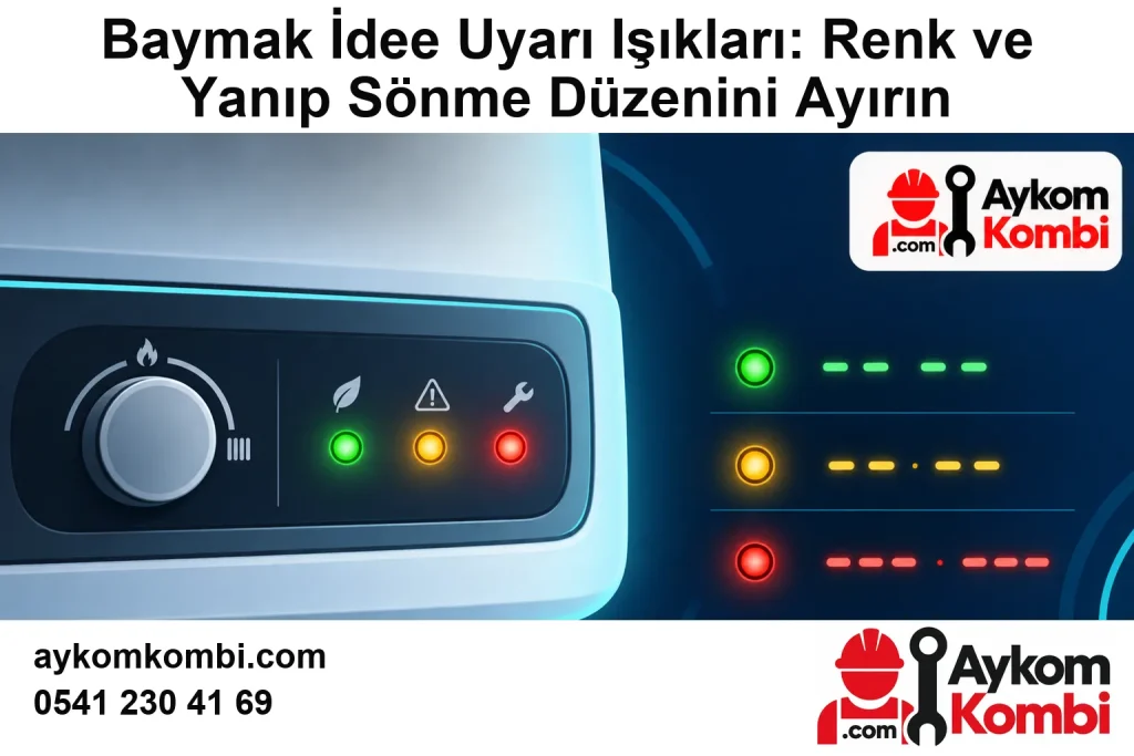 Baymak İdee Uyarı Işıkları: Renk ve Yanıp Sönme Düzenini Ayırın için özgün Aykom logosu ve iletişim bilgileri bulunan temsili editoryal kapak; gerçek servis fotoğrafı değildir.