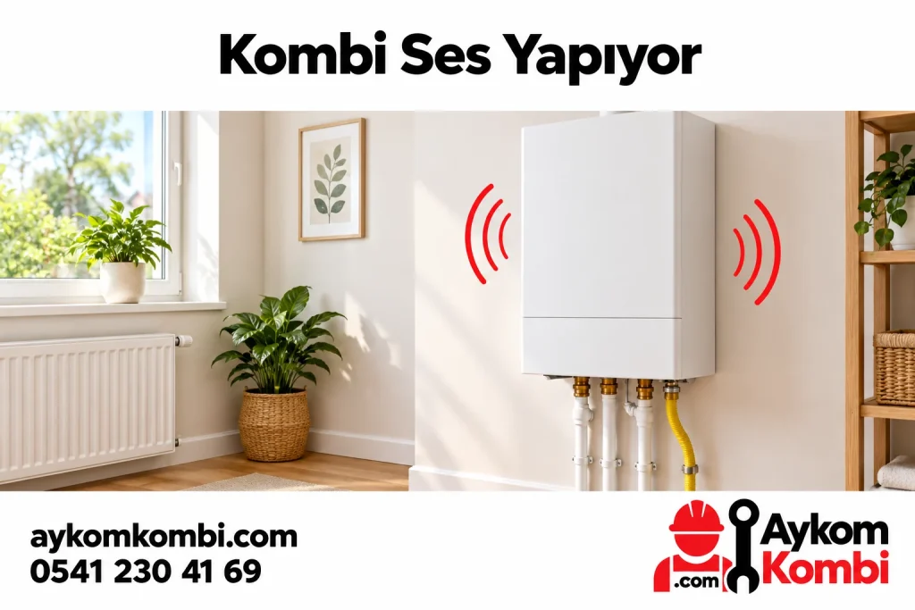 Kapalı kombi çevresindeki ses dalgalarıyla olağandışı çalışma sesini anlatan illüstrasyon