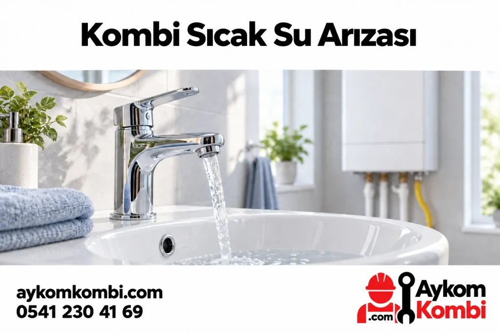 Akan banyo musluğu ve kapalı kombiyle sıcak su arızasını anlatan editoryal illüstrasyon