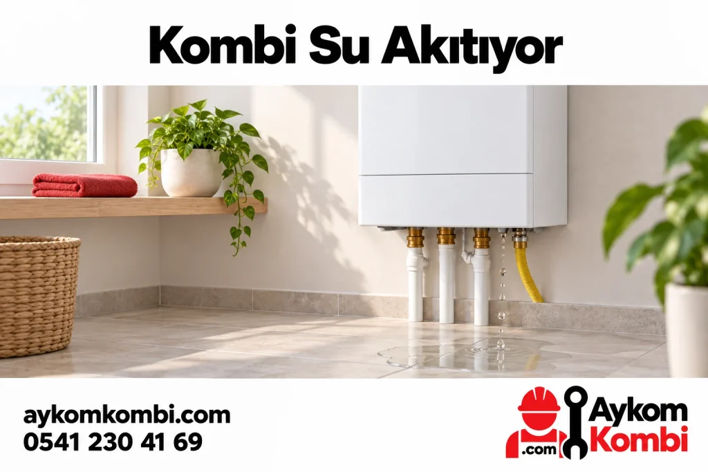 Kapalı kombinin altındaki damlama ve küçük su birikintisini gösteren editoryal illüstrasyon