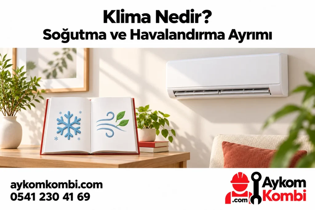 Split klima ve ayrı soğutma ile hava simgelerini içeren kitapla hazırlanmış editoryal illüstrasyon; gerçek müşteri fotoğrafı veya kurulum şeması değildir.