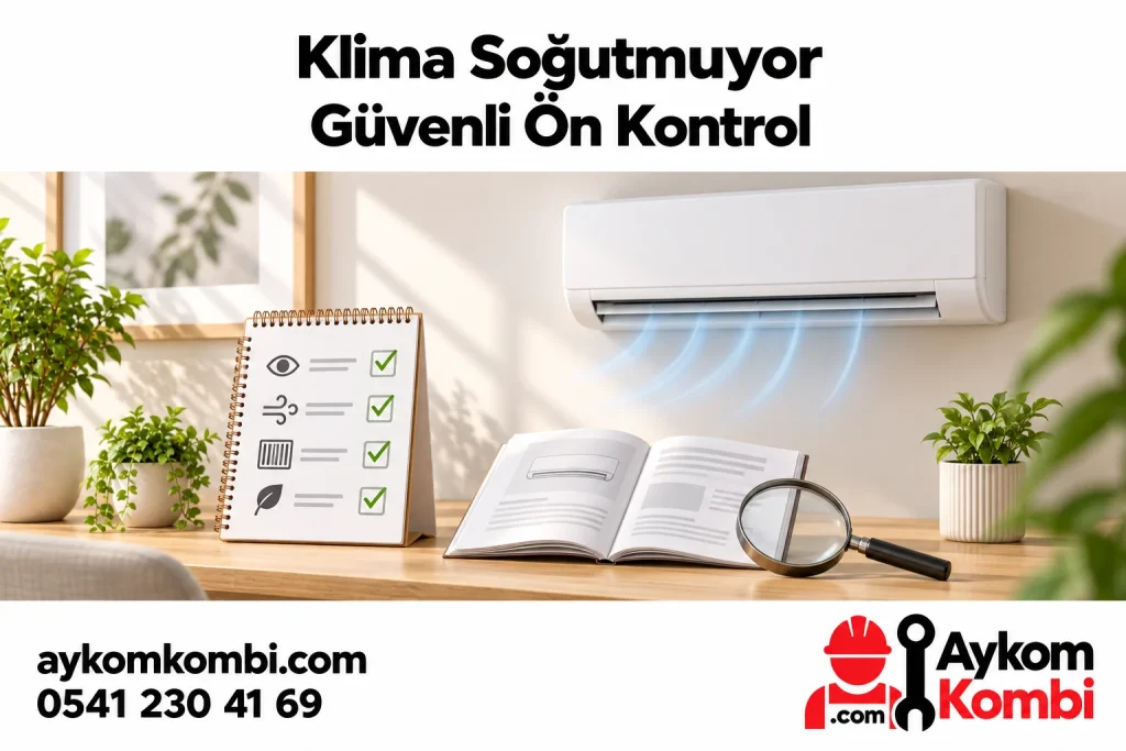 Kapalı klima, gözlem kartı, genel kılavuz ve büyüteçle güvenli ön kontrolü anlatan editoryal illüstrasyon; gerçek ekip veya uygulama şeması değildir.