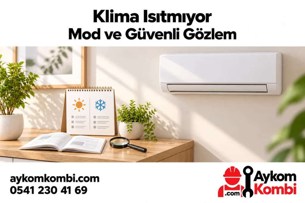 Kapalı klima, mod kartı, genel kılavuz ve büyüteçle güvenli ısıtma gözlemini anlatan editoryal illüstrasyon; gerçek ekip veya uygulama şeması değildir.