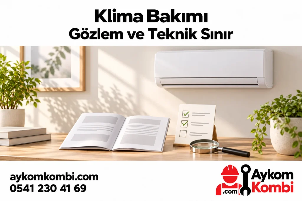 Kapalı klima, genel kullanıcı kılavuzu, kontrol listesi ve büyüteçle bakım sınırını anlatan editoryal illüstrasyon; gerçek ekip veya uygulama şeması değildir.
