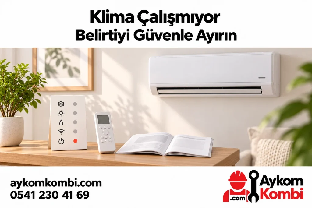 Kapalı klima, temsili kumanda, gösterge kartı ve genel kılavuzla güvenli belirti ayrımını anlatan editoryal illüstrasyon; gerçek ekip veya uygulama şeması değildir.