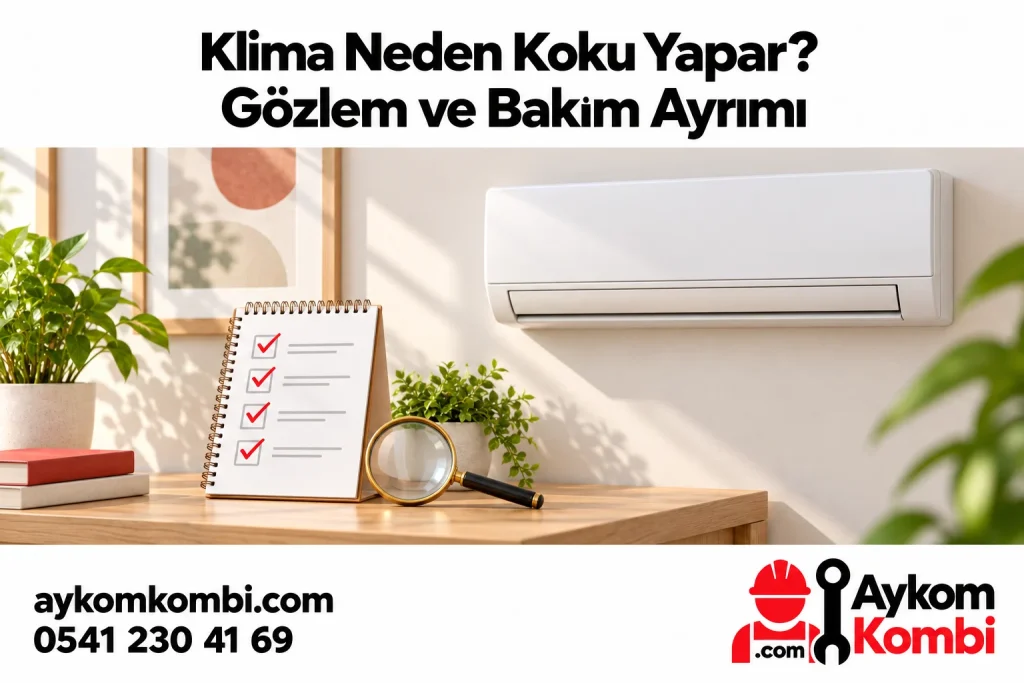 Kapalı klima, gözlem defteri ve büyüteçle koku değerlendirmesini anlatan editoryal illüstrasyon; gerçek müşteri fotoğrafı veya bakım uygulaması değildir.