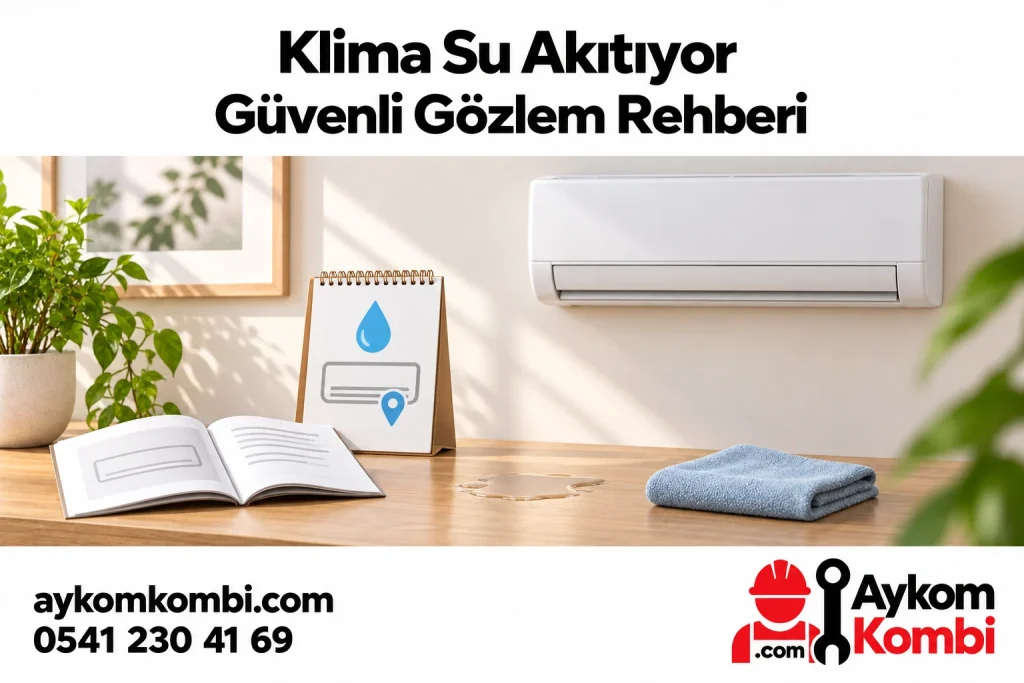 Kapalı klima, su damlası simgeli gözlem kartı ve genel kılavuzla güvenli su kaynağı gözlemini anlatan editoryal illüstrasyon; gerçek ekip veya uygulama şeması değildir.