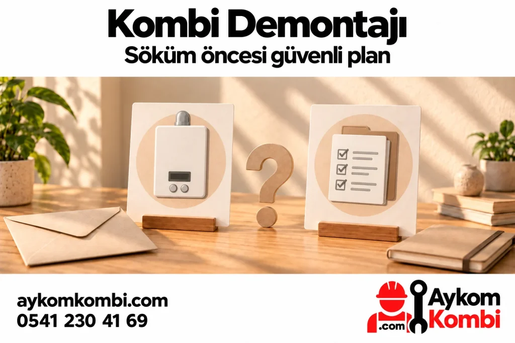 Kombi demontajı için cihaz ve teslim kontrol listesini gösteren temsili editoryal illüstrasyon; uygulama şeması veya gerçek ekip fotoğrafı değildir.