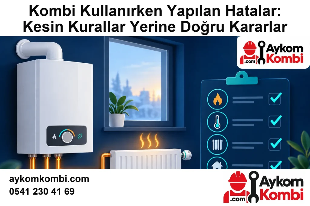 Kombi Kullanırken Yapılan Hatalar: Kesin Kurallar Yerine Doğru Kararlar için özgün Aykom logosu ve iletişim bilgileri bulunan temsili editoryal kapak; gerçek servis fotoğrafı değildir.