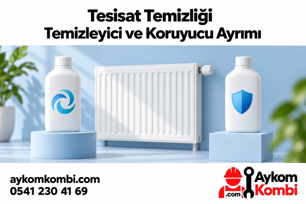 Radyatör ve iki kapalı temsili şişeyle temizleme ve koruma amaçlarını anlatan editoryal illüstrasyon; uygulama şeması değildir.