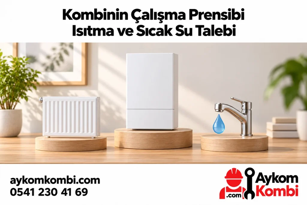 Kombi, radyatör ve musluk maketleriyle iki kullanım amacını anlatan kavramsal illüstrasyon; gerçek tesisat veya bağlantı şeması değildir.