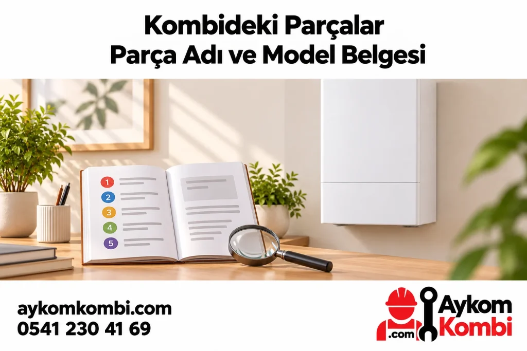 Kapalı kombi, temsili model belgesi ve büyüteçle parça adlarını okumayı anlatan illüstrasyon; gerçek müşteri fotoğrafı veya teknik söküm şeması değildir.