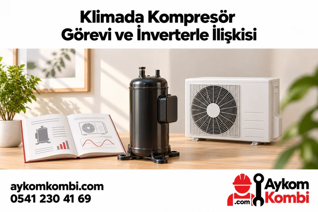 Kapalı kompresör modeli, klima dış ünitesi ve kitapla çalışma kavramlarını anlatan editoryal illüstrasyon; gerçek müşteri fotoğrafı veya uygulama şeması değildir.