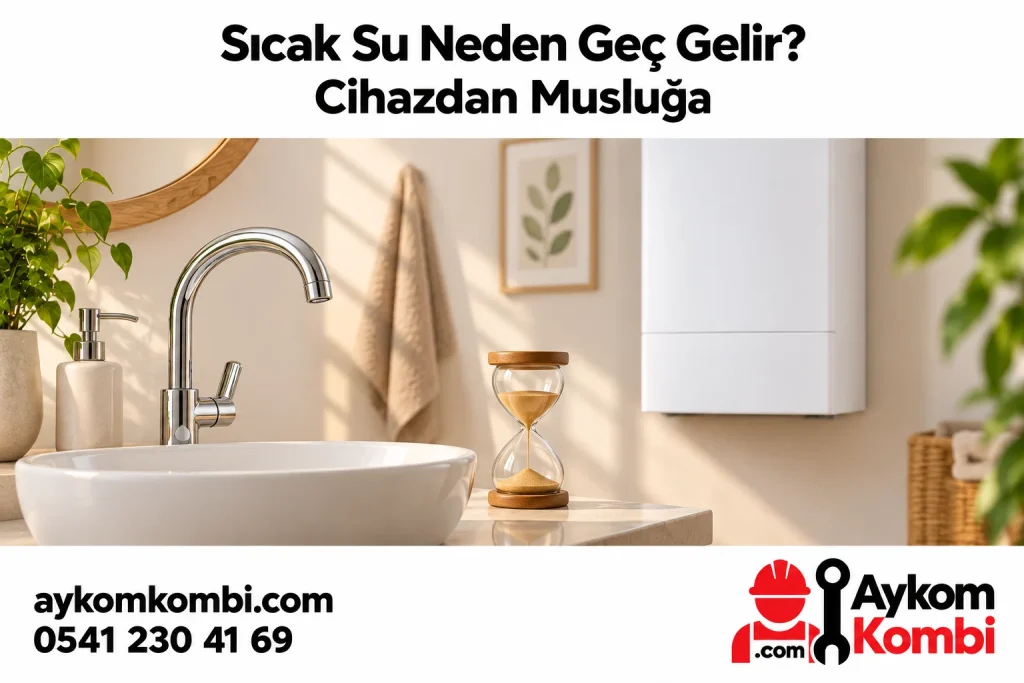 Kombi, kapalı musluk ve kum saatiyle sıcak su beklemesini anlatan editoryal illüstrasyon; gerçek müşteri fotoğrafı veya teknik kurulum şeması değildir.