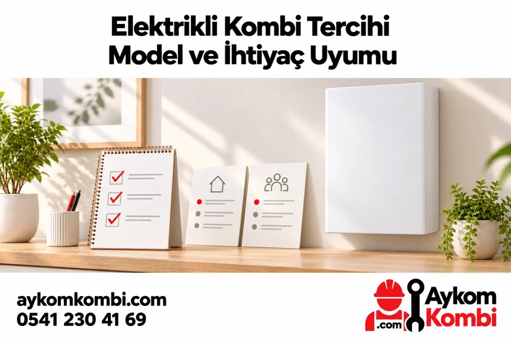 Kapalı elektrikli ısıtma cihazı, ihtiyaç kartları ve not defteriyle tercih değerlendirmesini anlatan editoryal illüstrasyon; gerçek müşteri fotoğrafı veya kurulum şeması değildir.