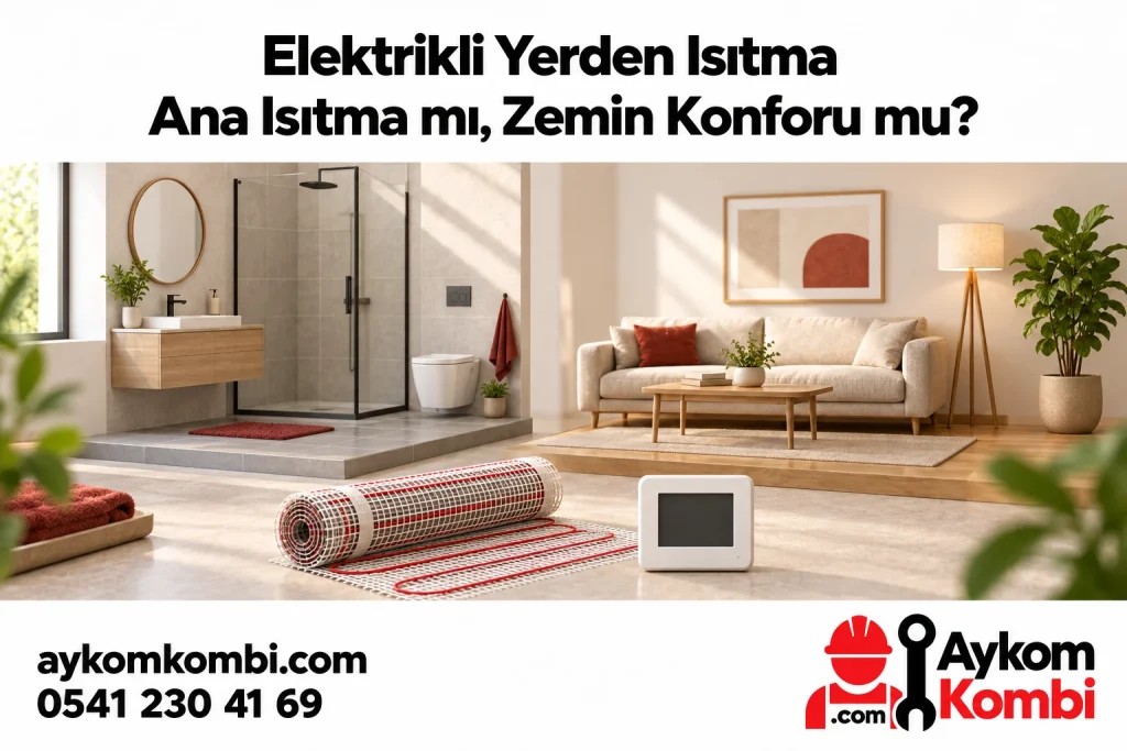 İki temsili oda, elektrikli ısıtma matı ve kumandayla kullanım amacını anlatan editoryal illüstrasyon; ürün önerisi, gerçek müşteri fotoğrafı veya elektrik bağlantı şeması değildir.