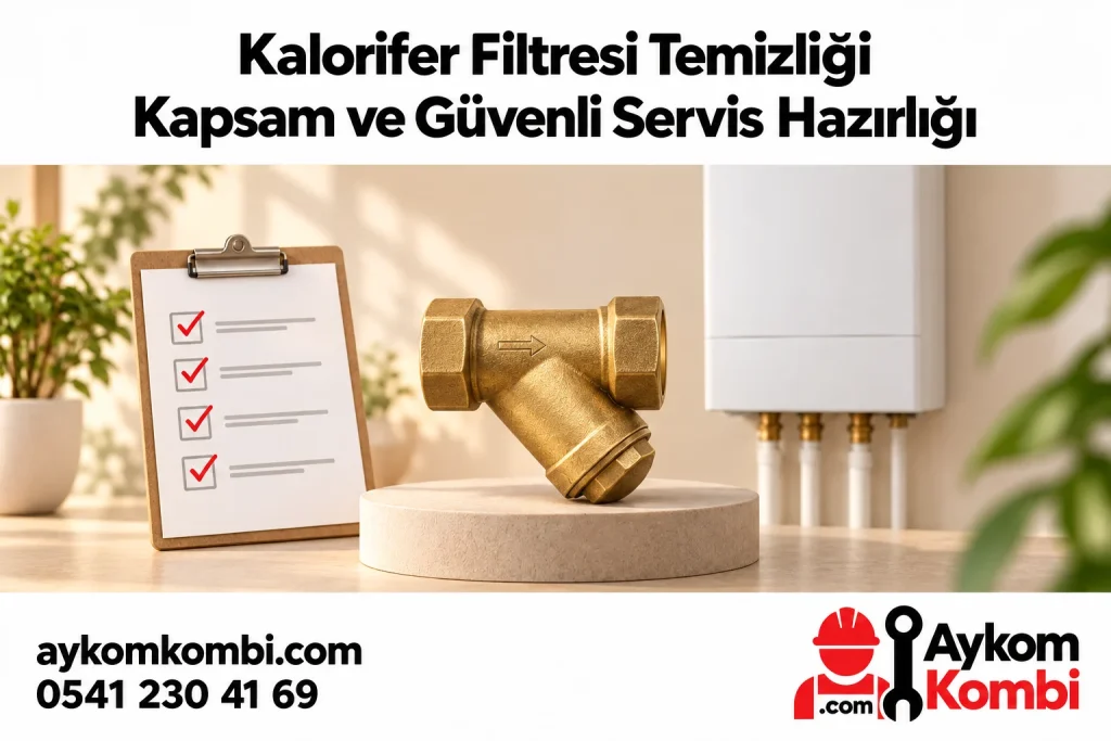 Kapalı temsili süzgeç ve servis kayıt panosuyla filtre temizliği konusunu anlatan editoryal illüstrasyon; montaj veya sökme şeması değildir.