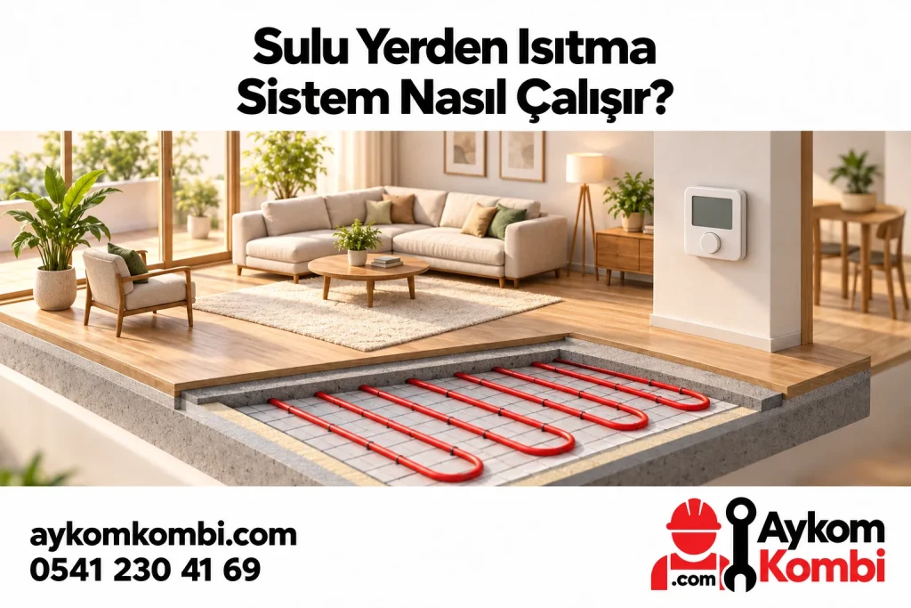 Zemindeki boru devreleri ve temsili oda kumandasıyla sulu yerden ısıtmayı anlatan editoryal illüstrasyon; gerçek tesisat fotoğrafı veya montaj şeması değildir.