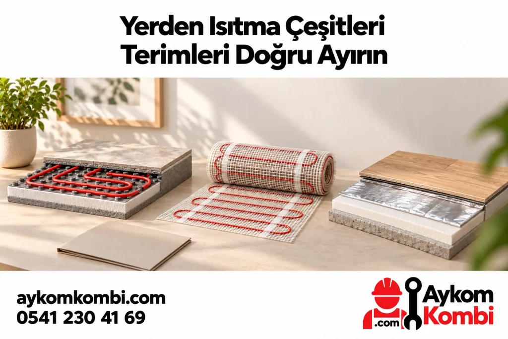 Sulu boru örneği, elektrikli mat ve temsili zemin katmanlarıyla yerden ısıtma terimlerini anlatan editoryal illüstrasyon; montaj şeması veya uyumlu ürün seti değildir.