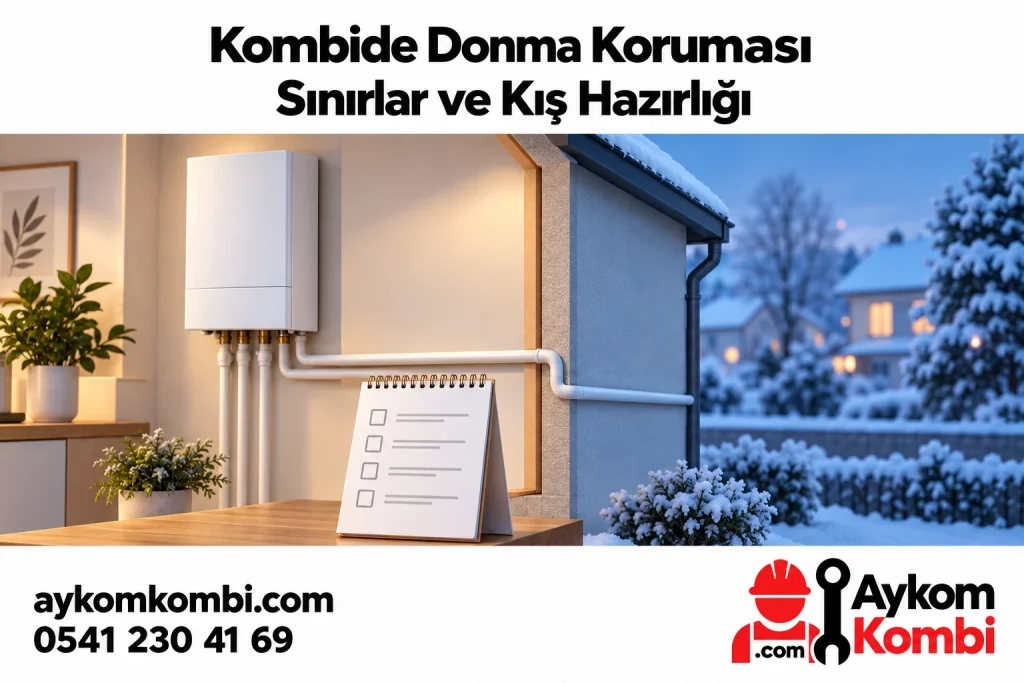 Kış ortamı, kapalı kombi ve ayrı tesisat temsiliyle donma koruması sınırlarını anlatan editoryal illüstrasyon; gerçek kurulum şeması değildir.