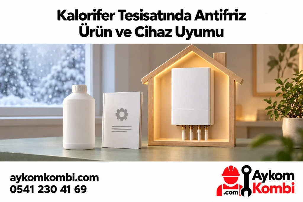 Kış penceresi, kapalı kombi ve temsili şişeyle ürün uyumunu anlatan editoryal illüstrasyon; gerçek ürün veya kurulum şeması değildir.
