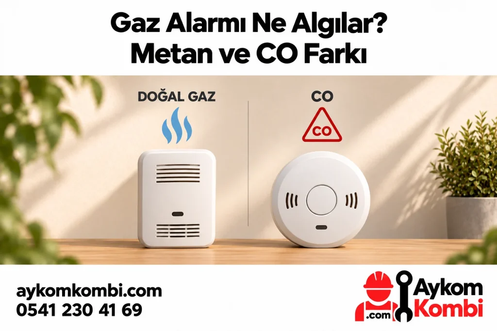 Doğal gaz ve CO alarmlarını ayıran temsili editoryal illüstrasyon; gerçek ürün veya olay fotoğrafı değildir.