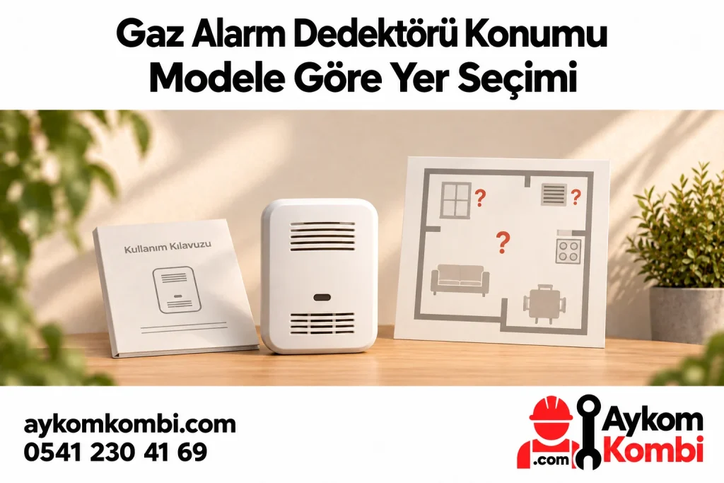 Dedektör konumu için kılavuz ve oda koşullarını değerlendirmeyi anlatan temsili editoryal illüstrasyon; montaj şeması veya gerçek ürün fotoğrafı değildir.