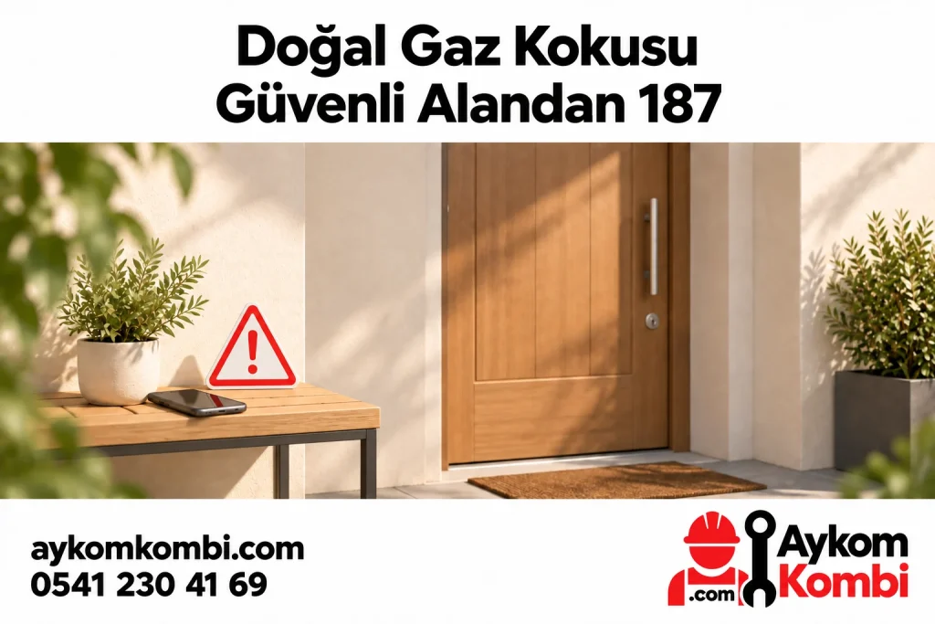 Doğal gaz kokusunda güvenli yerden 187’ye ihbarı anlatan editoryal illüstrasyon; gerçek olay veya ekip fotoğrafı değildir.