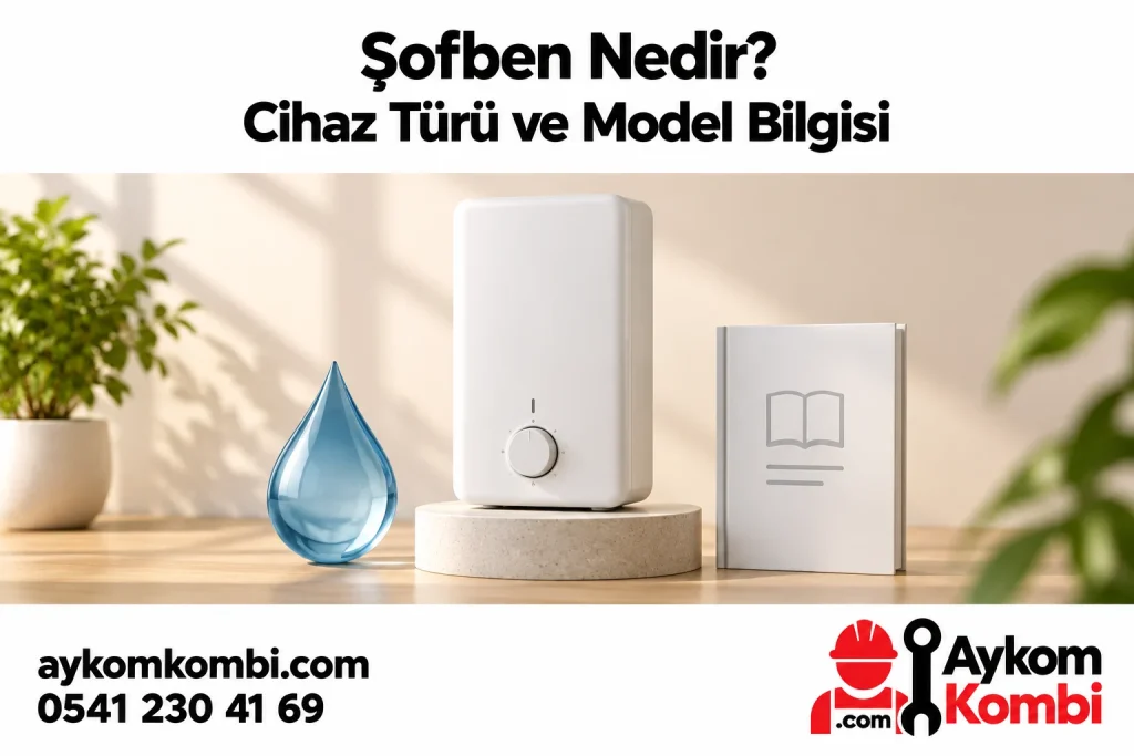 Şofben maketi, su damlası ve kılavuzla kavramsal illüstrasyon; gerçek kurulum veya müşteri fotoğrafı değildir.