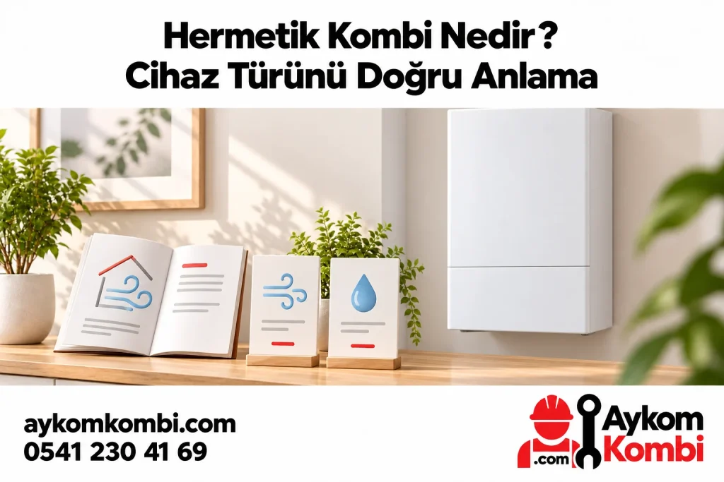 Kapalı kombi, rehber kitap ve kavram kartlarını gösteren editoryal illüstrasyon; gerçek müşteri fotoğrafı veya montaj şeması değildir.