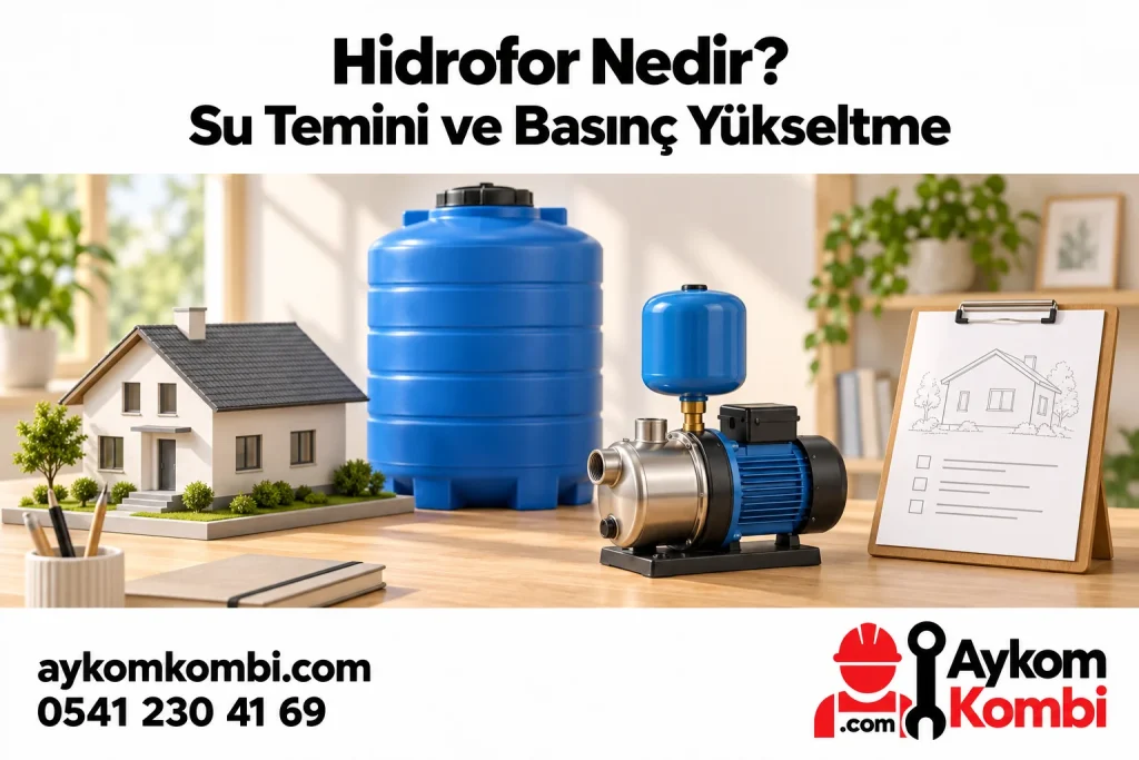 Ev, su deposu ve pompa modelleriyle su teminini anlatan kavramsal illüstrasyon; gerçek tesisat veya montaj şeması değildir.
