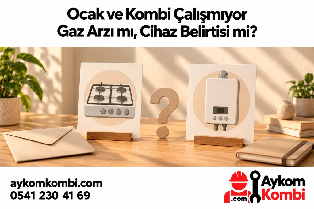 Kapalı ocak ve kombi simgeleriyle belirsiz gaz arzı durumunu anlatan temsili editoryal illüstrasyon; gerçek olay veya tanı değildir.