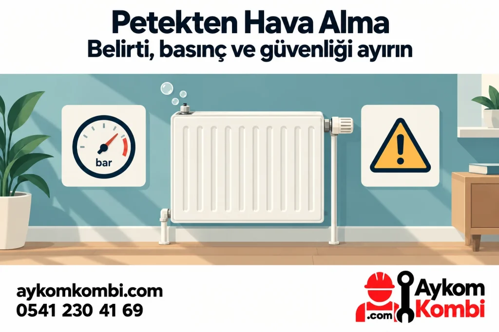 Temsili radyatör, basınç göstergesi ve güvenlik işareti; gerçek tesisat fotoğrafı veya uygulama şeması değildir.