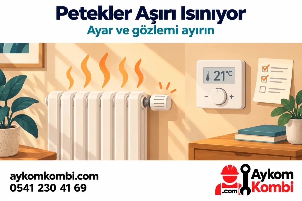Sıcak petek, oda kumandası ve gözlem kartını gösteren temsili editoryal illüstrasyon; gerçek ölçüm veya cihaz fotoğrafı değildir.