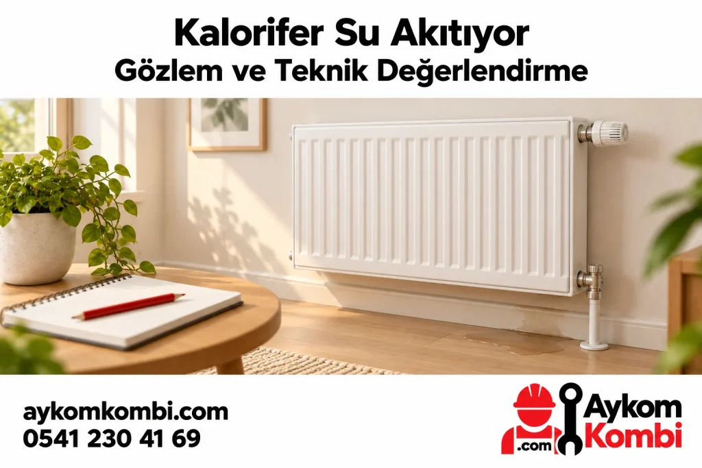 Panel radyatör yanında su izi ve not defteriyle güvenli gözlem konusunu anlatan editoryal illüstrasyon; gerçek müşteri fotoğrafı veya onarım şeması değildir.