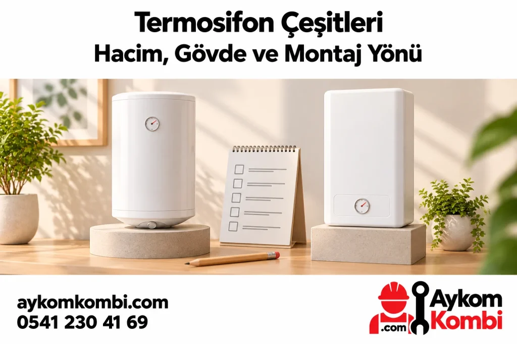 İki farklı termosifon maketi ve karşılaştırma notlarıyla kavramsal illüstrasyon; gerçek ürün önerisi veya kurulum fotoğrafı değildir.