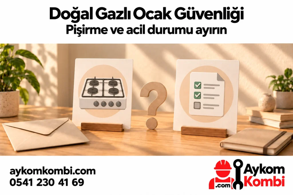 Doğal gazlı ocak ve güvenli kullanım notlarını gösteren temsili editoryal illüstrasyon; gerçek mutfak, ekip veya müşteri fotoğrafı değildir.