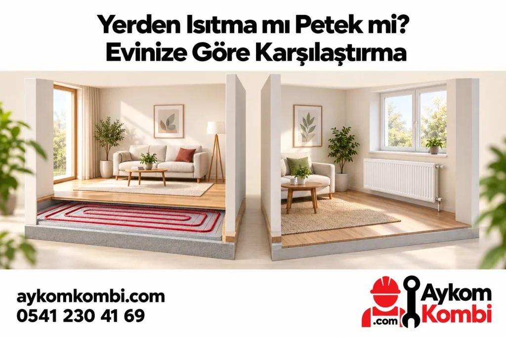 Sulu yerden ısıtma ve radyatörlü iki temsili odayı karşılaştıran editoryal illüstrasyon; gerçek tesisat fotoğrafı veya montaj şeması değildir.