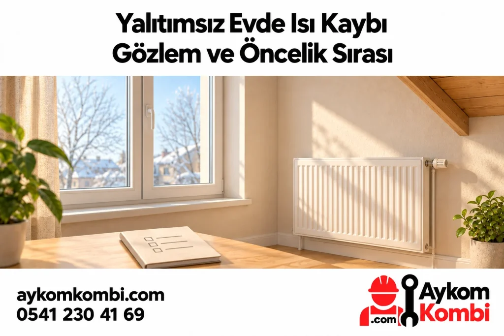 Yalıtımsız evde pencere, açık radyatör ve gözlem notlarını anlatan temsili editoryal illüstrasyon; gerçek müşteri evi veya performans kanıtı değildir.