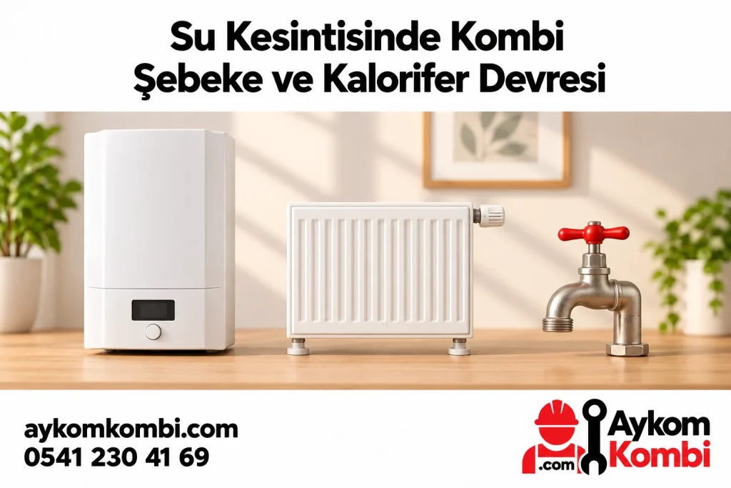 Kapalı kombi, radyatör ve musluğu ayrı nesneler olarak gösteren editoryal illüstrasyon; gerçek müşteri fotoğrafı veya tesisat şeması değildir.