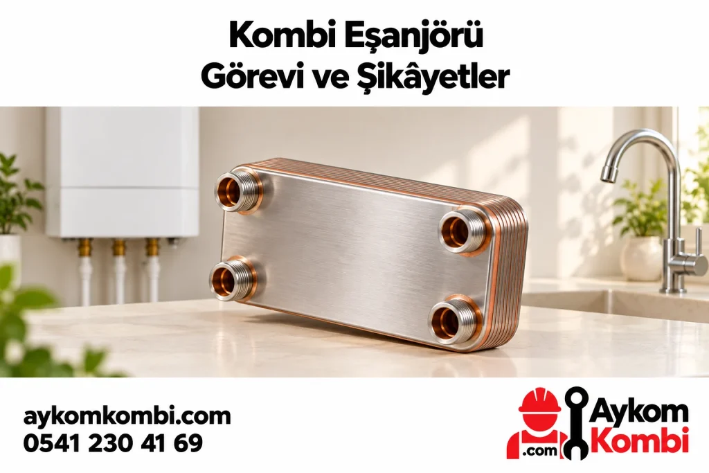 Bağlantısız plakalı eşanjör, kapalı kombi ve musluk bağlamı illüstrasyonu