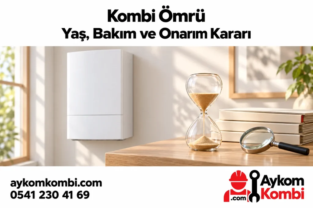 Kapalı kombi, kum saati ve boş bakım dosyalarıyla cihaz ömrü değerlendirme illüstrasyonu