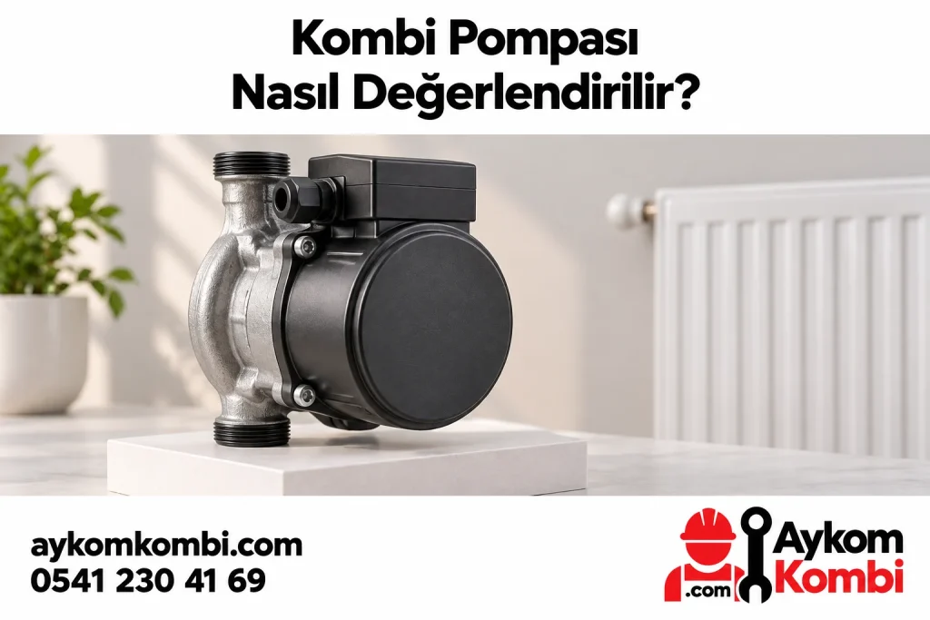 Bağlantısız sirkülasyon pompası ve arka planda radyatörle pompa değerlendirme illüstrasyonu